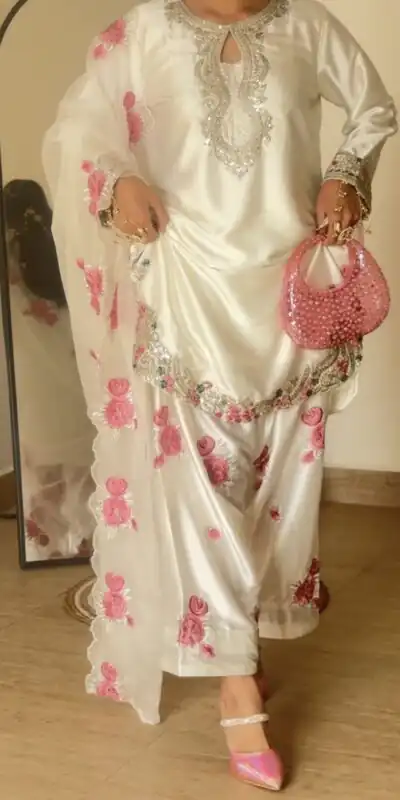 Dreamy Off White Japan Satin Embroidery Work Salwar Suit | Jump Suits, Salwar suit, Casual Suits, Creative suits, Designer Suits, Palazzo Suits, Party Wear Suits, Patiala Suits, Straight Suits