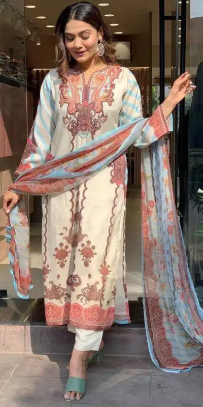 Elegant Off White Maslin Digital Prints Salwar Suit | Jump Suits, Salwar suit, Casual Suits, Creative suits, Designer Suits, Palazzo Suits, Party Wear Suits, Patiala Suits, Straight Suits