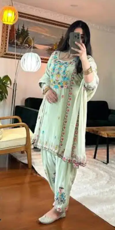 Elegant Pista Chinon Silk Embroidery Work Salwar Suit | Jump Suits, Salwar suit, Casual Suits, Creative suits, Designer Suits, Palazzo Suits, Party Wear Suits, Patiala Suits, Straight Suits