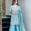 DC 114 Blue Fandy Satin Salwar Suit with Embroidery Work & Lace Work. Exclusive Offer ₹1899. Delivery 4-6 Working Days. Shop now. | Jump Suits, Salwar suit, Casual Suits, Creative suits, Designer Suits, Palazzo Suits, Party Wear Suits, Patiala Suits, Straight Suits