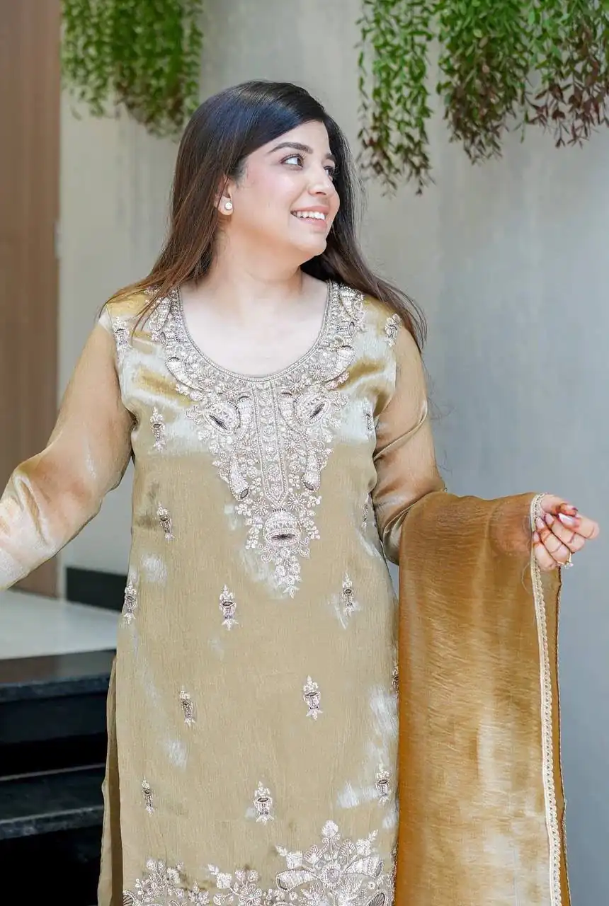 DC 114 Chiku Fandy Satin Salwar Suit with Embroidery Work & Lace Work. Exclusive Offer ₹1899. Delivery 4-6 Working Days. Shop now. | Jump Suits, Salwar suit, Casual Suits, Creative suits, Designer Suits, Palazzo Suits, Party Wear Suits, Patiala Suits, Straight Suits