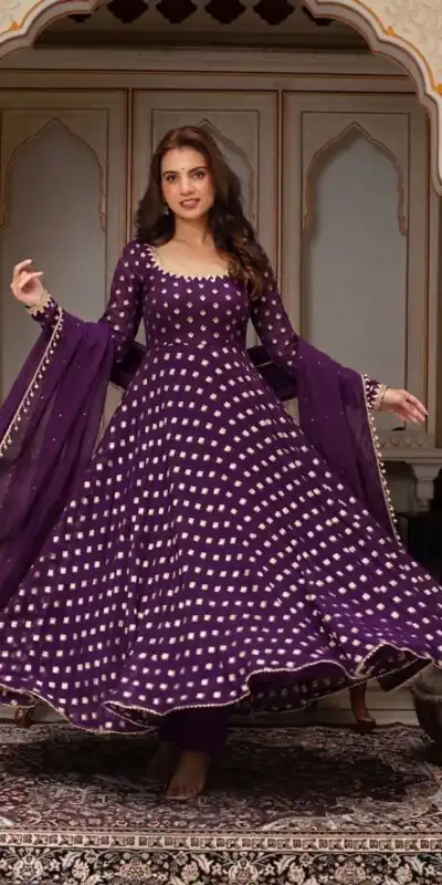 SRK 5347 Wine Chanderi Jacquard Butti Salwar Suit with Mirror Work & Lace Work. Festive Deal ₹2149. Delivery 4-6 Working Days. Shop now. | Anarkali Suits, Bollywood Anarkali, Creative-Anarkali, Designer Anarkali, Embroidered Anarkali, Party Wear Anarkali