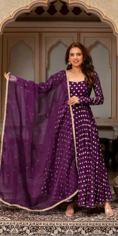 SRK 5347 Wine Chanderi Jacquard Butti Salwar Suit with Mirror Work & Lace Work. Festive Deal ₹2149. Delivery 4-6 Working Days. Shop now. | Anarkali Suits, Bollywood Anarkali, Creative-Anarkali, Designer Anarkali, Embroidered Anarkali, Party Wear Anarkali