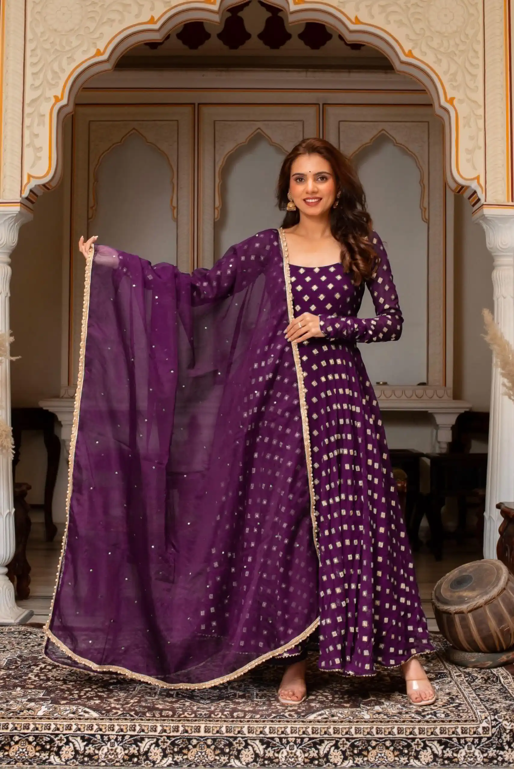 SRK 5347 Wine Chanderi Jacquard Butti Salwar Suit with Mirror Work & Lace Work. Festive Deal ₹2149. Delivery 4-6 Working Days. Shop now. | Anarkali Suits, Bollywood Anarkali, Creative-Anarkali, Designer Anarkali, Embroidered Anarkali, Party Wear Anarkali