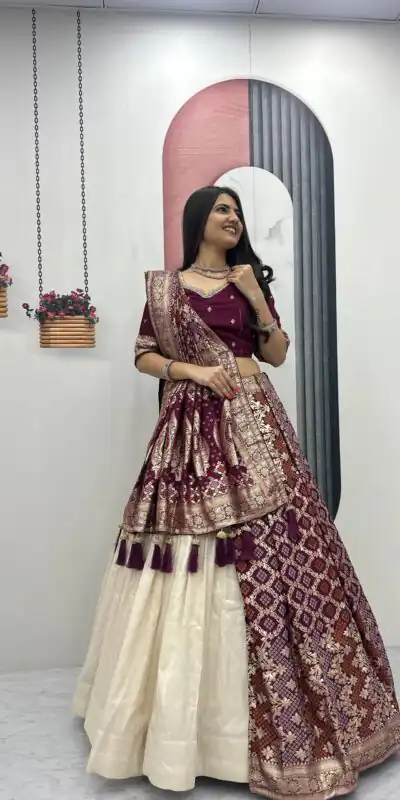 PC 560 Wine in Jacquard Silk Designer Work Lehenga Choli . Introductory Price ₹3249. Delivery 4-6 Working Days. Shop now. | Lehenga, Bollywood Lehenga, Creative Lehenga, Designer Lehenga, Embroidered Lehenga, Party Wear Lehenga