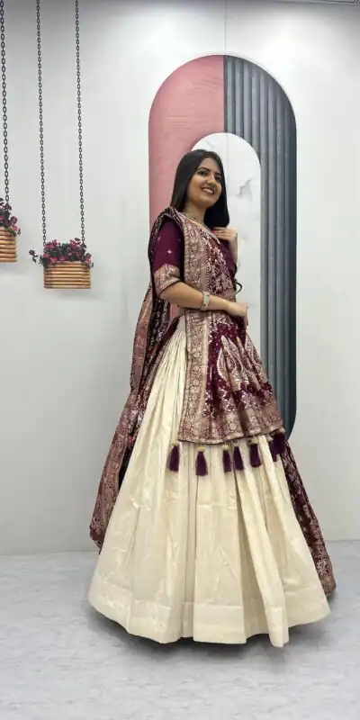 PC 560 Wine in Jacquard Silk Designer Work Lehenga Choli . Introductory Price ₹3249. Delivery 4-6 Working Days. Shop now. | Lehenga, Bollywood Lehenga, Creative Lehenga, Designer Lehenga, Embroidered Lehenga, Party Wear Lehenga