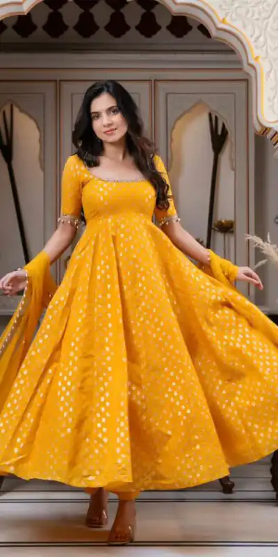 SRK 5347 Yellow Chanderi Jacquard Butti Salwar Suit with Mirror Work & Lace Work. Festive Deal ₹2149. Delivery 4-6 Working Days. Shop now. | Anarkali Suits, Bollywood Anarkali, Creative-Anarkali, Designer Anarkali, Embroidered Anarkali, Party Wear Anarkali