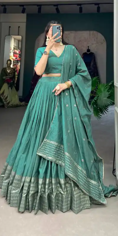 Firozi Chanderi Weaving Lehenga Choli | Lehenga, Bollywood Lehenga, Creative Lehenga, Designer Lehenga, Embroidered Lehenga, Party Wear Lehenga
