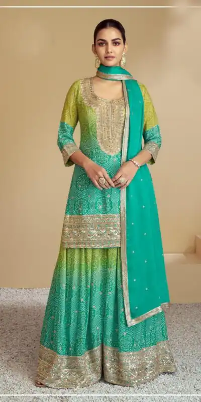 Firozi Chinon Digital Print With Mat Sequence Sharara Suit | Jump Suits, Salwar suit, Casual Suits, Creative suits, Designer Suits, Palazzo Suits, Party Wear Suits, Patiala Suits, Straight Suits