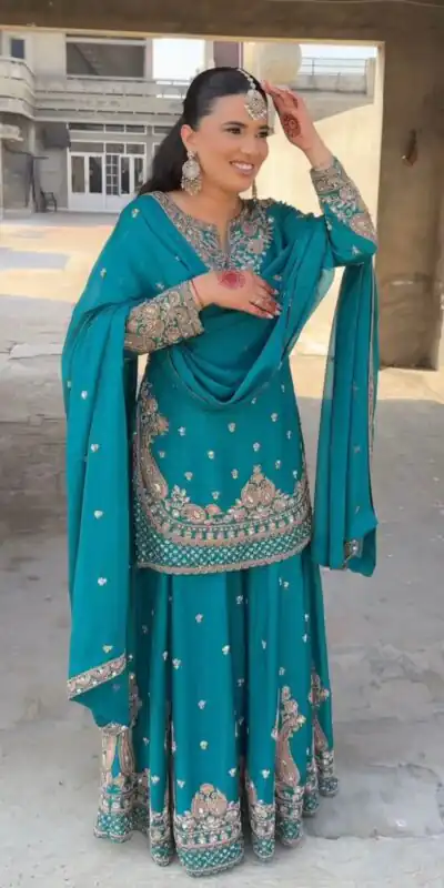 Firozi Chinon Silk Embroidery Work Salwar Suit | Jump Suits, Salwar suit, Casual Suits, Creative suits, Designer Suits, Palazzo Suits, Party Wear Suits, Patiala Suits, Straight Suits
