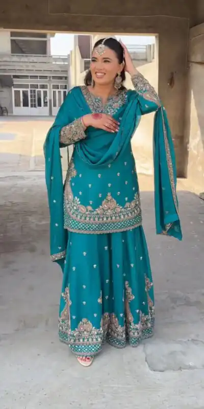 Firozi Chinon Silk Embroidery Work Salwar Suit | Jump Suits, Salwar suit, Casual Suits, Creative suits, Designer Suits, Palazzo Suits, Party Wear Suits, Patiala Suits, Straight Suits