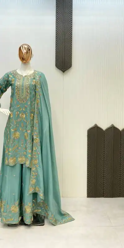 Firozi Chinon With Lace Embroidery Work Salwar Suit | Jump Suits, Salwar suit, Casual Suits, Creative suits, Designer Suits, Palazzo Suits, Party Wear Suits, Patiala Suits, Straight Suits