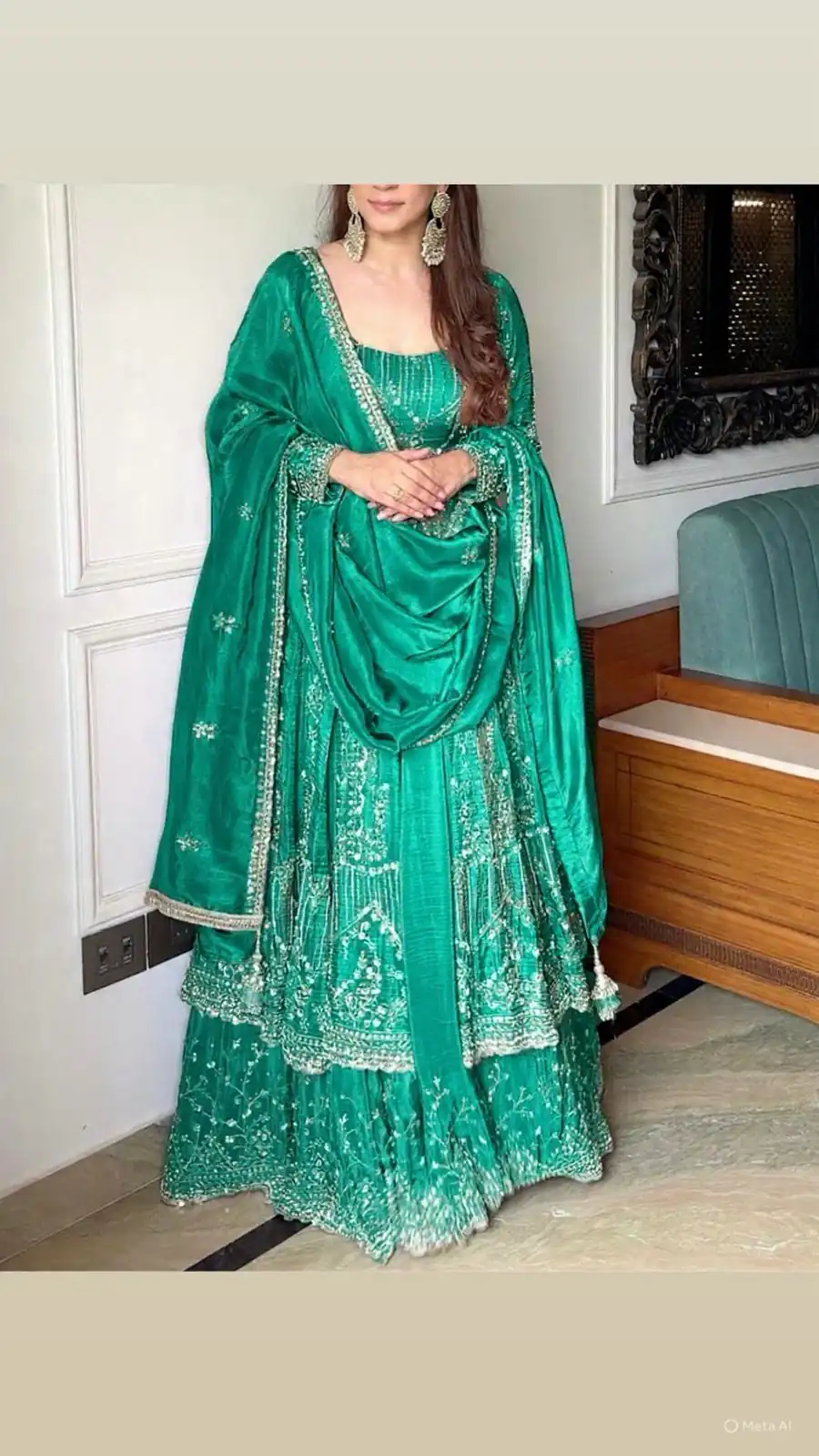Firozi Crunchy Silk Lace Embroidery Work Gown | Gowns, Bollywood Gowns, Creative Gowns, Designer Gowns, Embroidered Gowns, Party Wear Gowns