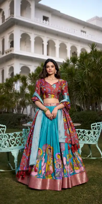 Firozi Dola Silk Kalamkari Print Lehenga Choli | Lehenga, Bollywood Lehenga, Creative Lehenga, Designer Lehenga, Embroidered Lehenga, Party Wear Lehenga
