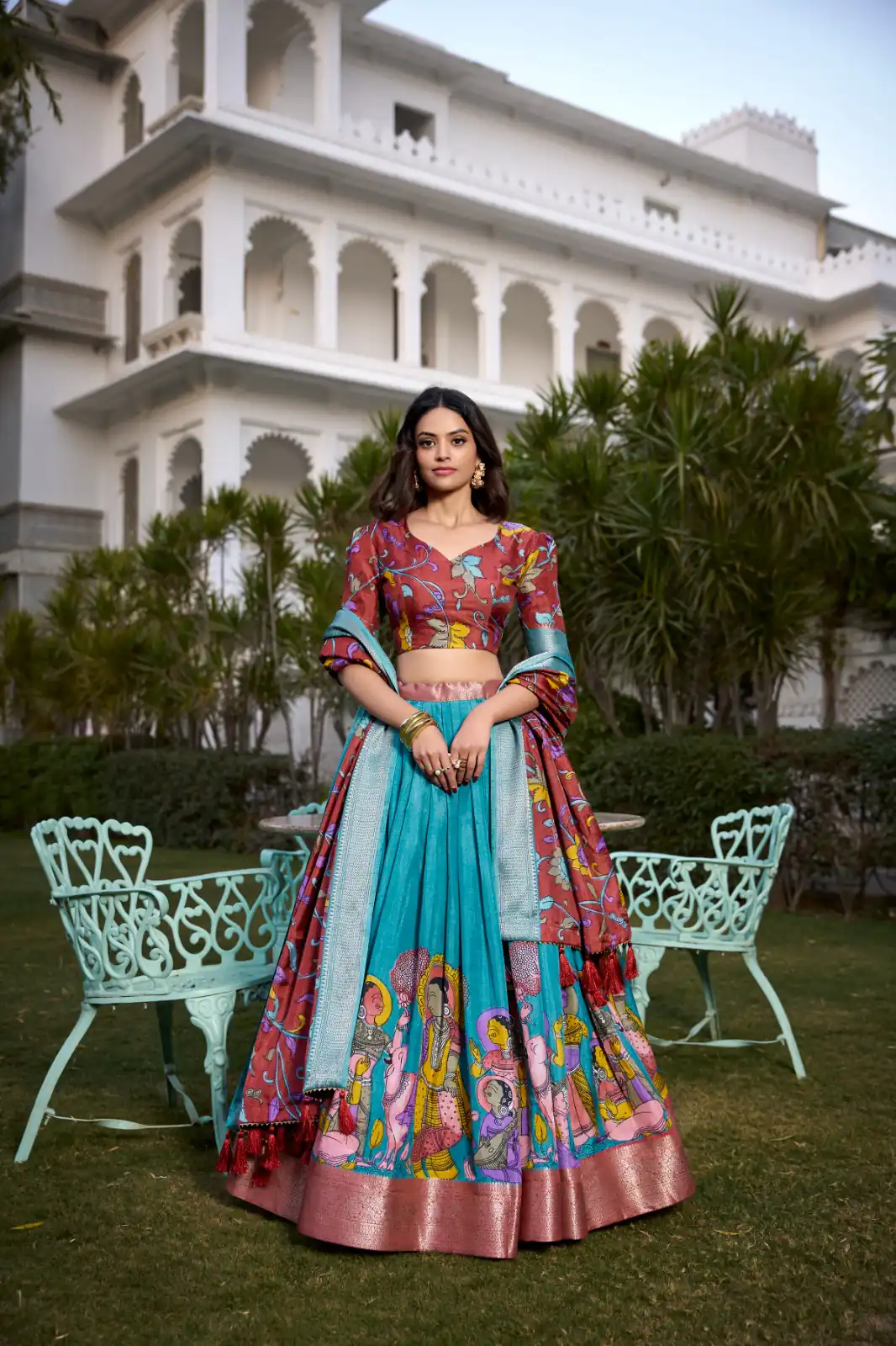 Firozi Dola Silk Kalamkari Print Lehenga Choli | Lehenga, Bollywood Lehenga, Creative Lehenga, Designer Lehenga, Embroidered Lehenga, Party Wear Lehenga