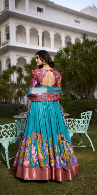 Firozi Dola Silk Kalamkari Print Lehenga Choli | Lehenga, Bollywood Lehenga, Creative Lehenga, Designer Lehenga, Embroidered Lehenga, Party Wear Lehenga
