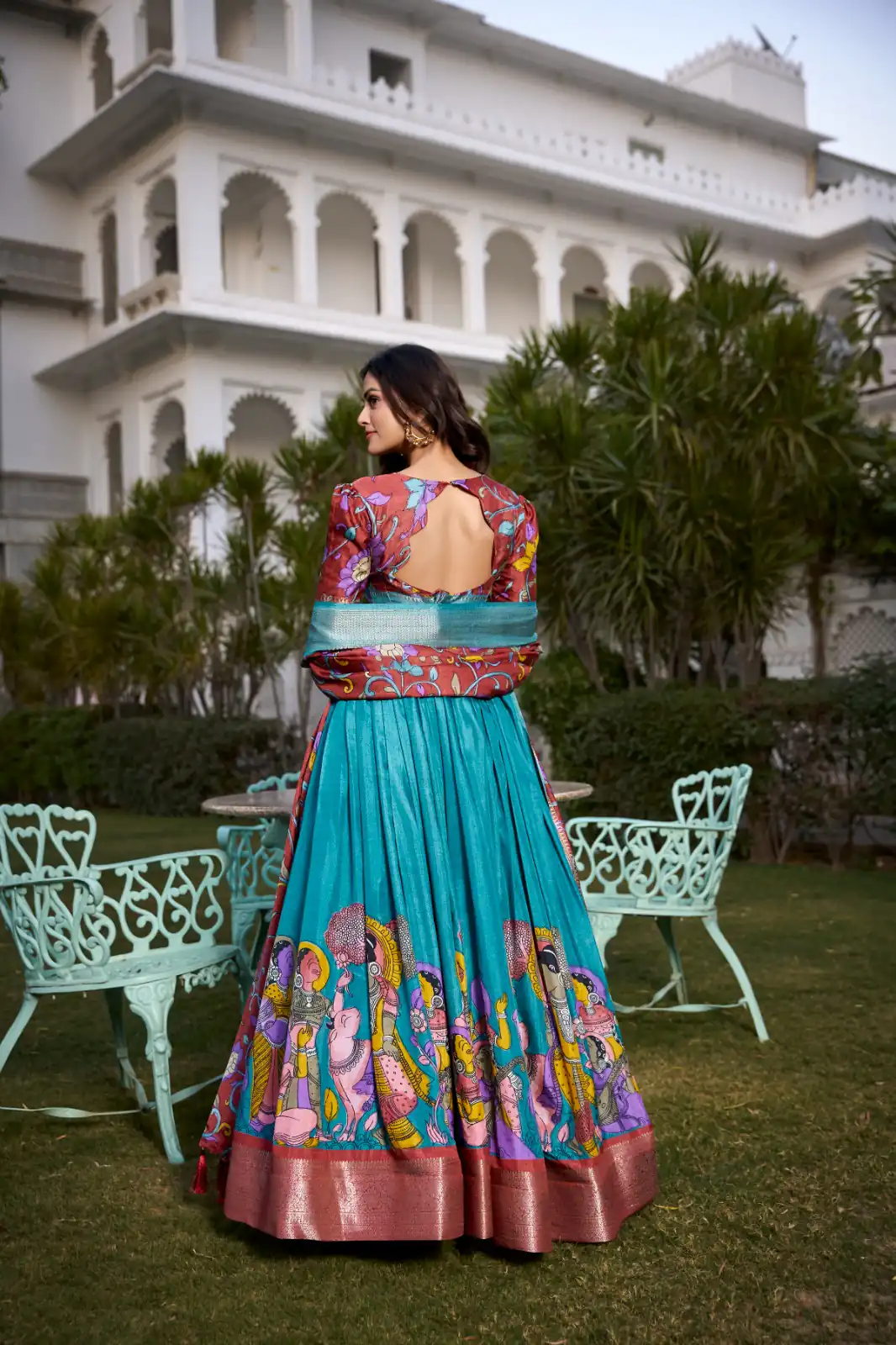 Firozi Dola Silk Kalamkari Print Lehenga Choli | Lehenga, Bollywood Lehenga, Creative Lehenga, Designer Lehenga, Embroidered Lehenga, Party Wear Lehenga