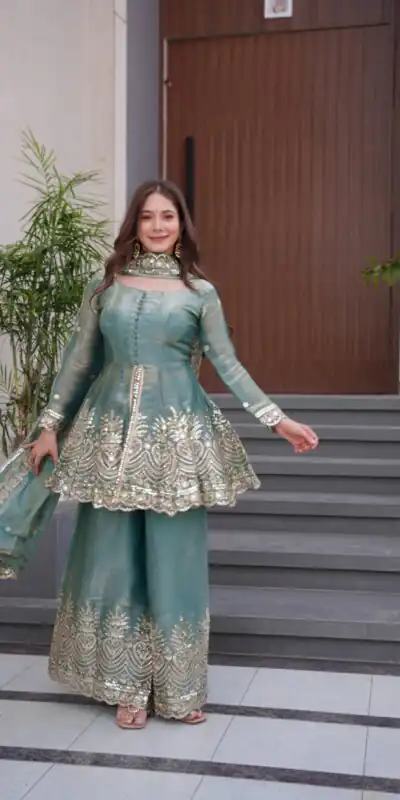 Firozi Fendy Satin Silk Embroidery Mirror Work Gown | Lehenga, Bollywood Lehenga, Creative Lehenga, Designer Lehenga, Embroidered Lehenga, Party Wear Lehenga