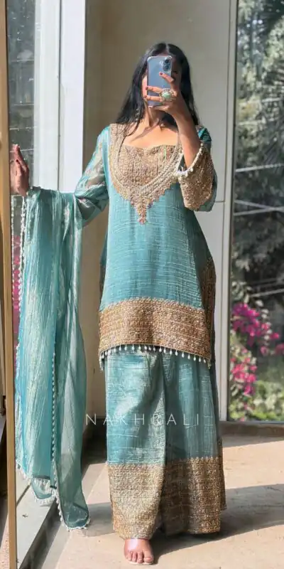 Firozi Fendy Silk Border Lace Work Salwar Suit | Jump Suits, Salwar suit, Casual Suits, Creative suits, Designer Suits, Palazzo Suits, Party Wear Suits, Patiala Suits, Straight Suits