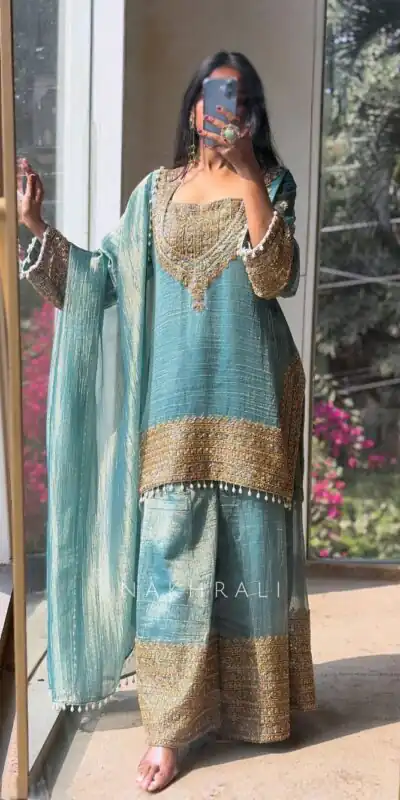 Firozi Fendy Silk Border Lace Work Salwar Suit | Jump Suits, Salwar suit, Casual Suits, Creative suits, Designer Suits, Palazzo Suits, Party Wear Suits, Patiala Suits, Straight Suits