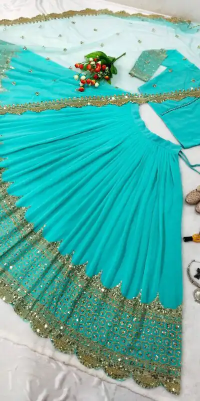 Firozi Georgette Embroidery Lehenga Choli | Lehenga, Bollywood Lehenga, Creative Lehenga, Designer Lehenga, Embroidered Lehenga, Party Wear Lehenga