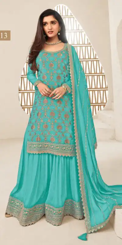 Firozi Jacquard Silk Chinon Multi Work Salwar Suit | Jump Suits, Salwar suit, Casual Suits, Creative suits, Designer Suits, Palazzo Suits, Party Wear Suits, Patiala Suits, Straight Suits