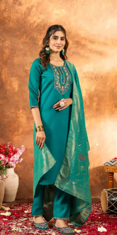 Firozi Marina Silk Embroidery Work Salwar Suit | Jump Suits, Salwar suit, Casual Suits, Creative suits, Designer Suits, Palazzo Suits, Party Wear Suits, Patiala Suits, Straight Suits