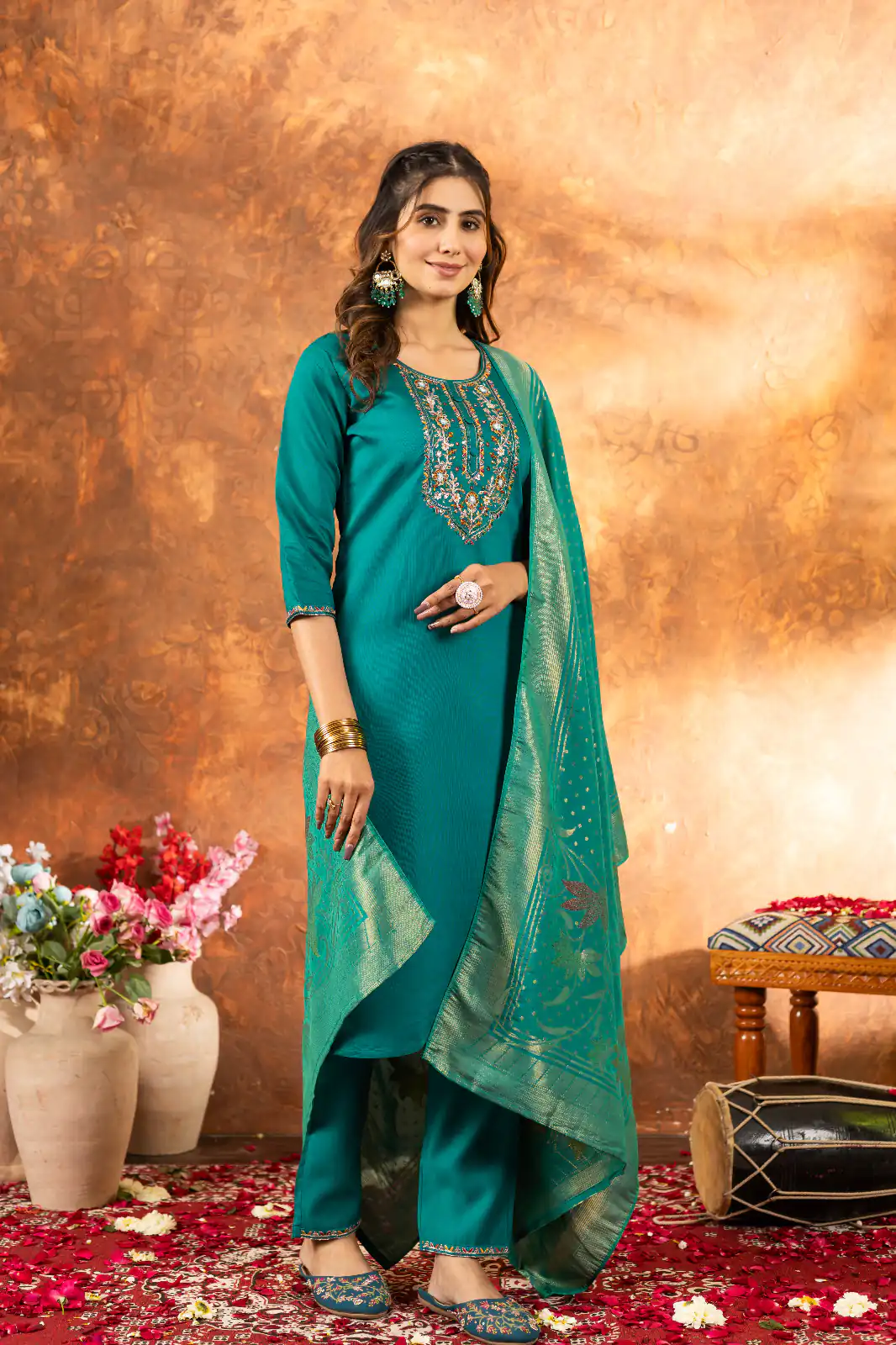 Firozi Marina Silk Embroidery Work Salwar Suit | Jump Suits, Salwar suit, Casual Suits, Creative suits, Designer Suits, Palazzo Suits, Party Wear Suits, Patiala Suits, Straight Suits
