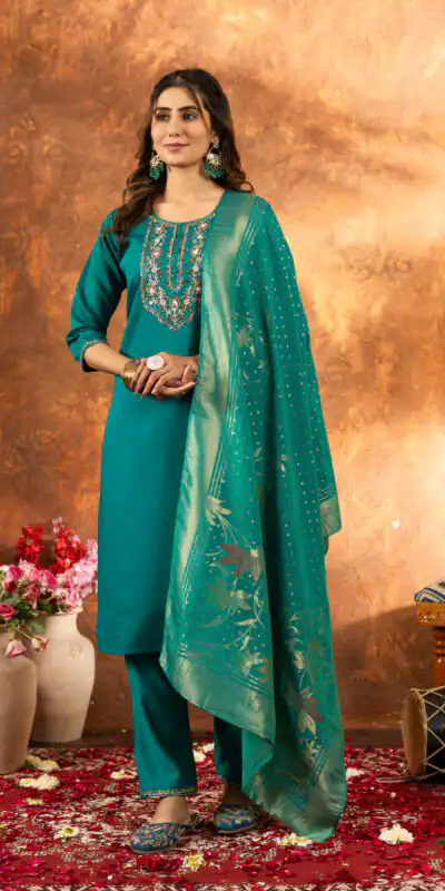 Firozi Marina Silk Embroidery Work Salwar Suit | Jump Suits, Salwar suit, Casual Suits, Creative suits, Designer Suits, Palazzo Suits, Party Wear Suits, Patiala Suits, Straight Suits