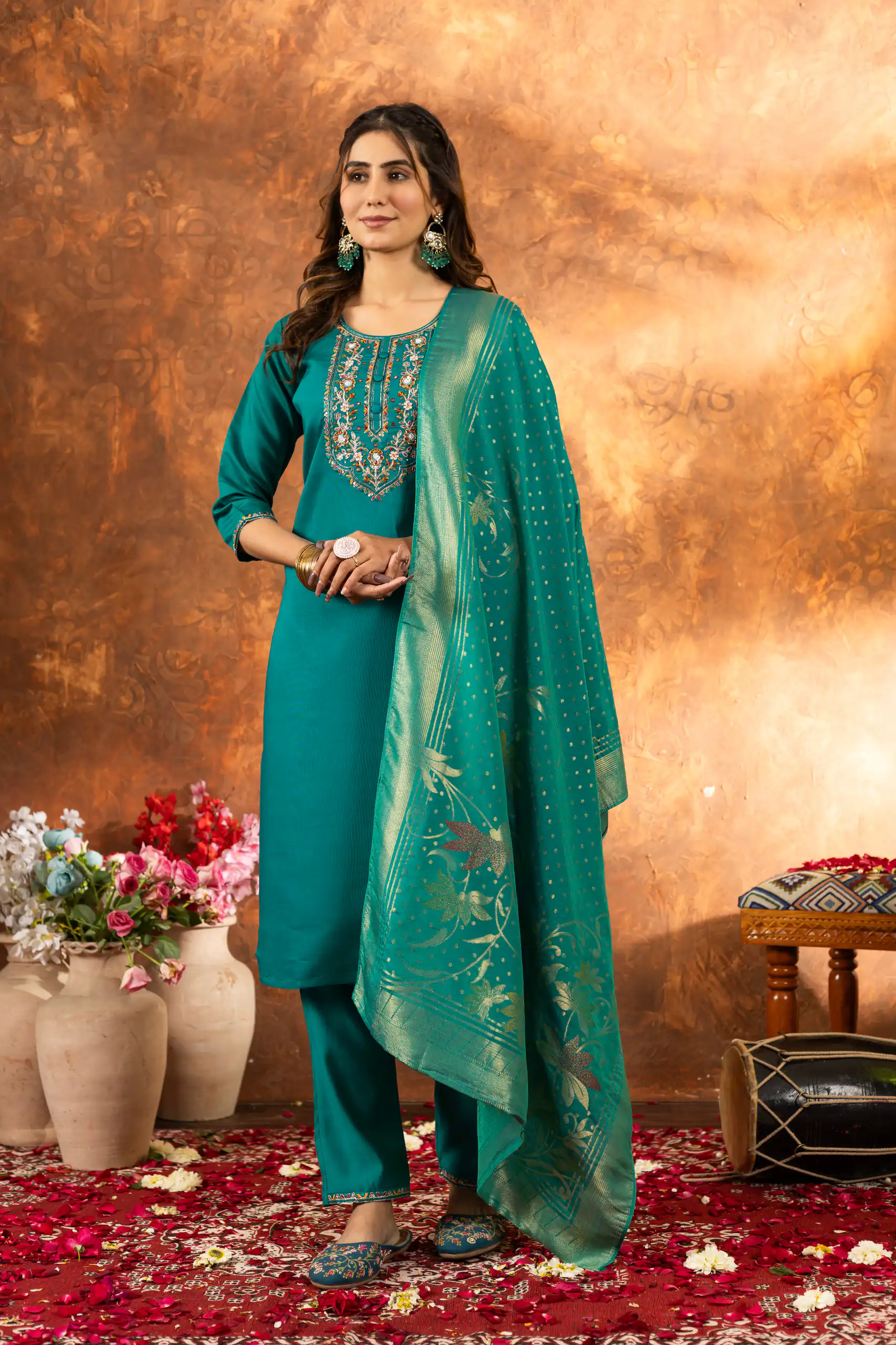Firozi Marina Silk Embroidery Work Salwar Suit | Jump Suits, Salwar suit, Casual Suits, Creative suits, Designer Suits, Palazzo Suits, Party Wear Suits, Patiala Suits, Straight Suits