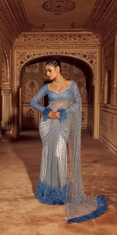 Firozi Mono Net Sequins Saree | Sarees, Bollywood Sarees, Creative Sarees, Designer Sarees, Embroidered Sarees, Ethnic Saree, Modern Digital sarees, Party Wear Sarees