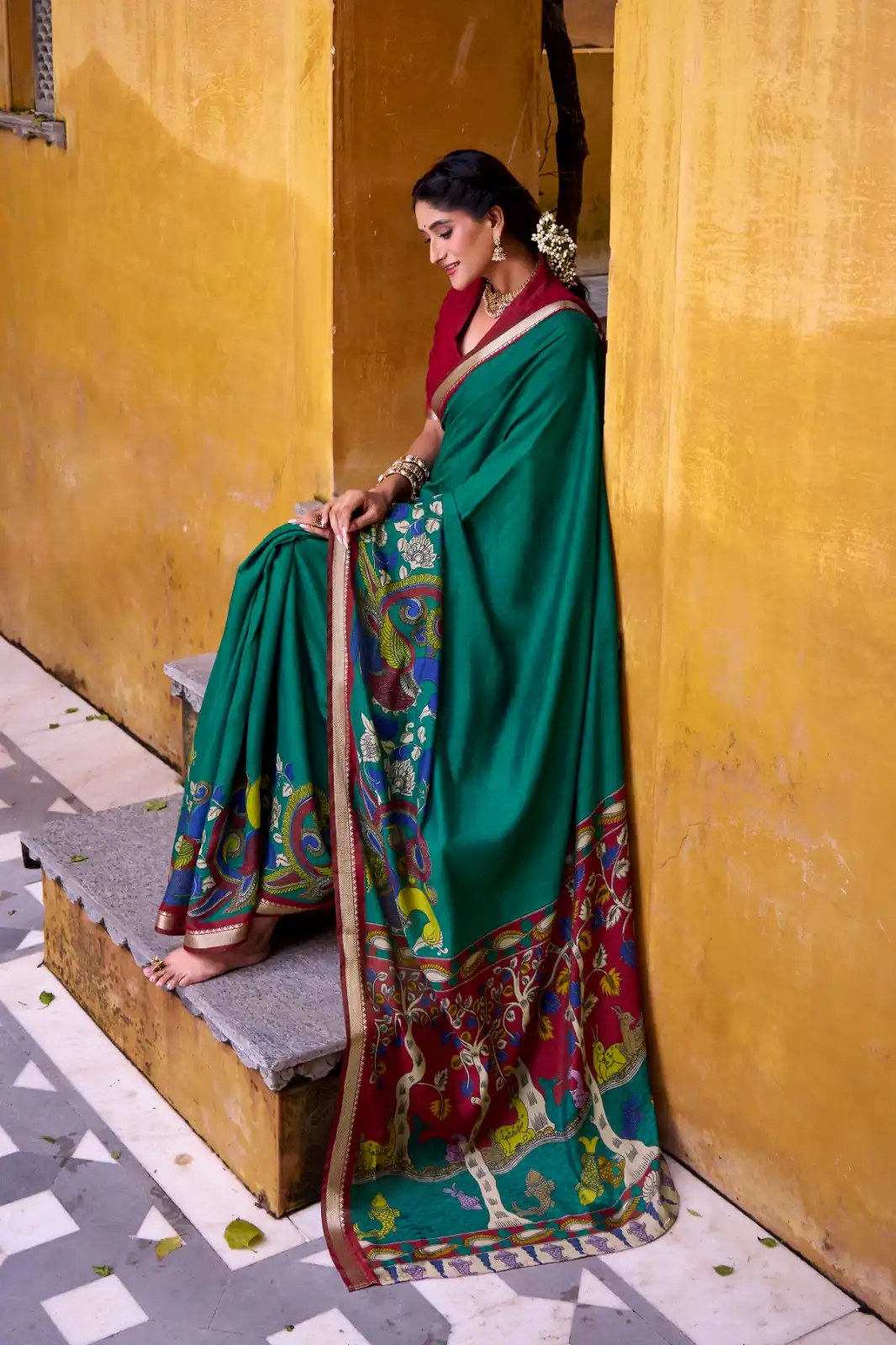 Firozi Polyester Kalamkari Saree | Sarees, Bollywood Sarees, Creative Sarees, Designer Sarees, Embroidered Sarees, Ethnic Saree, Modern Digital sarees, Party Wear Sarees