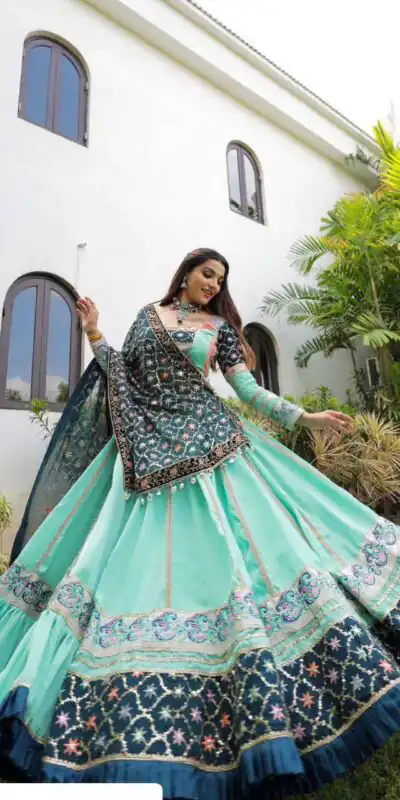 Firozi Silk Cowrie Work Embroidery Lehenga Choli | Lehenga, Bollywood Lehenga, Creative Lehenga, Designer Lehenga, Embroidered Lehenga, Party Wear Lehenga