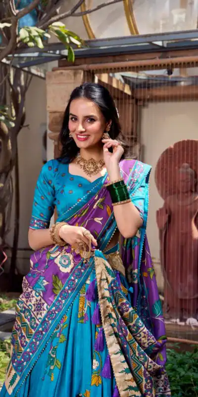 Firozi Silk Kalamkari Lehenga Choli | Lehenga, Bollywood Lehenga, Creative Lehenga, Designer Lehenga, Embroidered Lehenga, Party Wear Lehenga