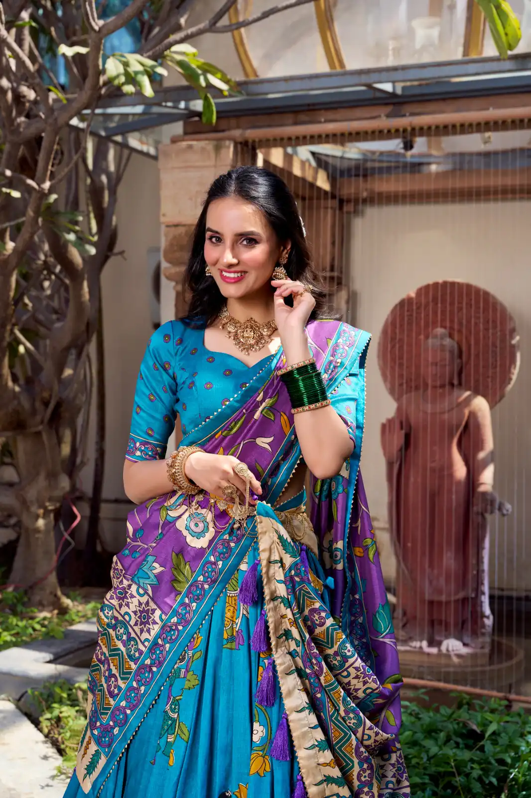 Firozi Silk Kalamkari Lehenga Choli | Lehenga, Bollywood Lehenga, Creative Lehenga, Designer Lehenga, Embroidered Lehenga, Party Wear Lehenga