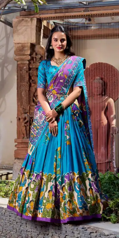 Firozi Silk Kalamkari Lehenga Choli | Lehenga, Bollywood Lehenga, Creative Lehenga, Designer Lehenga, Embroidered Lehenga, Party Wear Lehenga