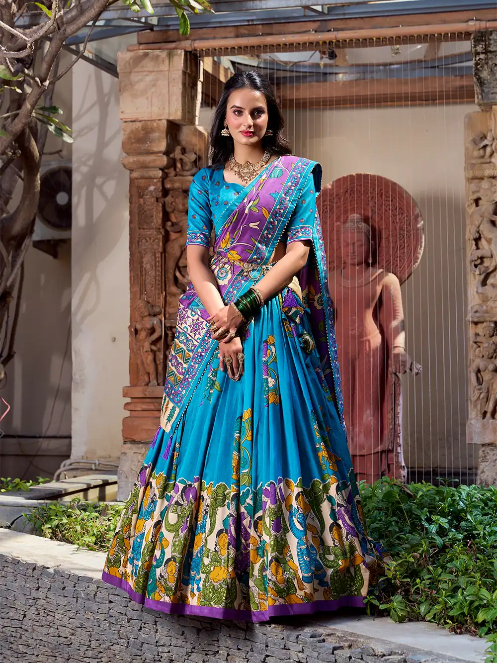 Firozi Silk Kalamkari Lehenga Choli | Lehenga, Bollywood Lehenga, Creative Lehenga, Designer Lehenga, Embroidered Lehenga, Party Wear Lehenga