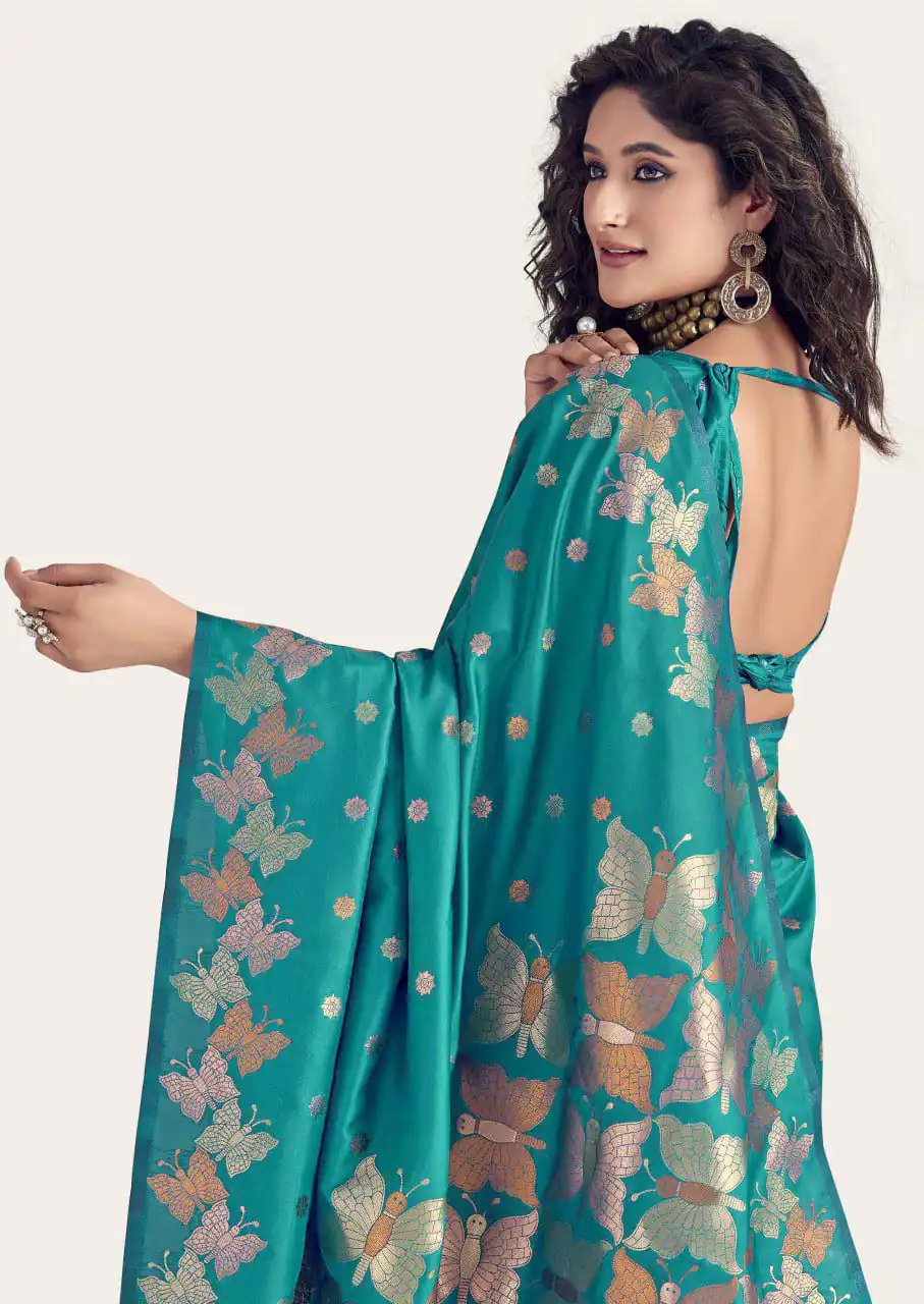 Firozi Soft Lichi Silk Border Lace Work Saree | Sarees, Bollywood Sarees, Creative Sarees, Designer Sarees, Embroidered Sarees, Ethnic Saree, Modern Digital sarees, Party Wear Sarees