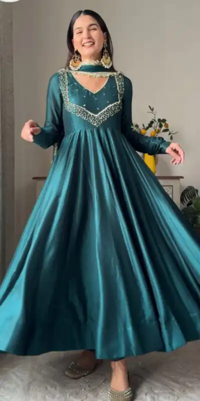 Firozi Star Georgette Embroidery Lace Work Gown | Gowns, Bollywood Gowns, Creative Gowns, Designer Gowns, Embroidered Gowns, Party Wear Gowns