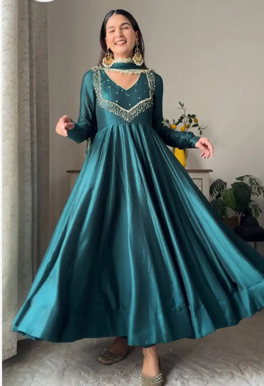 Firozi Star Georgette Embroidery Lace Work Gown | Gowns, Bollywood Gowns, Creative Gowns, Designer Gowns, Embroidered Gowns, Party Wear Gowns