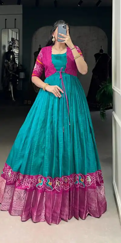 Firozi Tasar Chex Patola Print Gown | Gowns, Bollywood Gowns, Creative Gowns, Designer Gowns, Embroidered Gowns, Party Wear Gowns