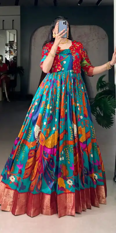 Firozi Taser Silk Zari Work Kalamkari Print Gown | Gowns, Bollywood Gowns, Creative Gowns, Designer Gowns, Embroidered Gowns, Party Wear Gowns