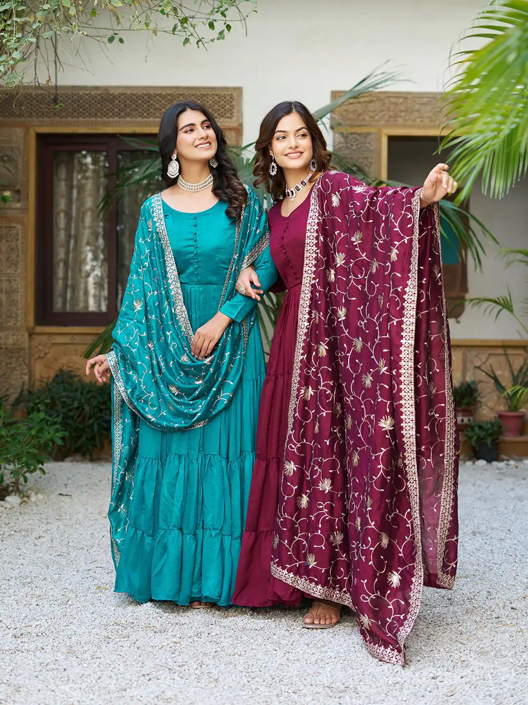 Firozi Vichitra Silk Embroidery Work Gown | Jump Suits, Salwar suit, Casual Suits, Creative suits, Designer Suits, Palazzo Suits, Party Wear Suits, Patiala Suits, Straight Suits