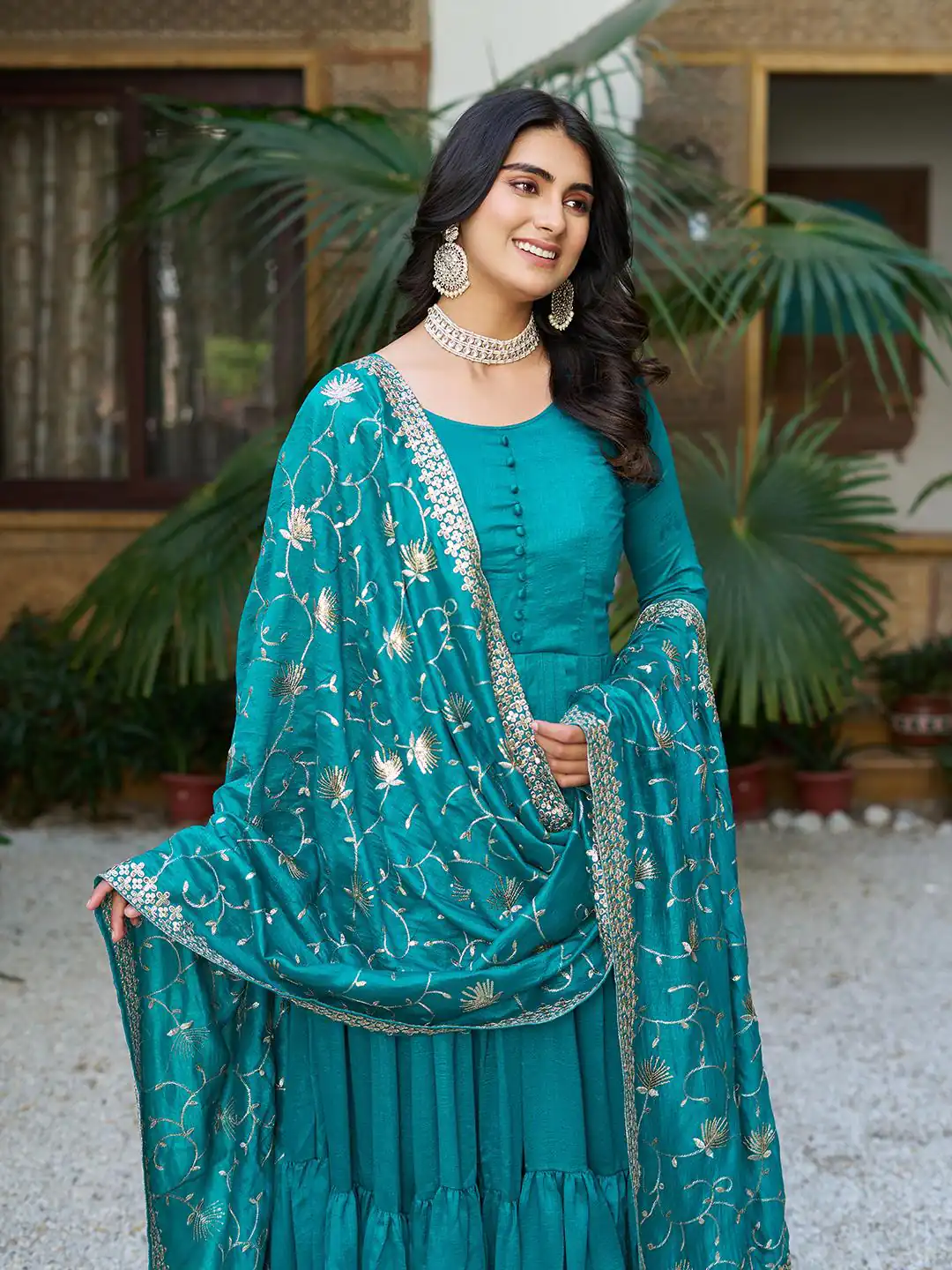 Firozi Vichitra Silk Embroidery Work Gown | Jump Suits, Salwar suit, Casual Suits, Creative suits, Designer Suits, Palazzo Suits, Party Wear Suits, Patiala Suits, Straight Suits