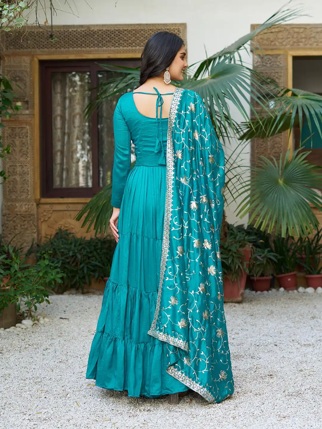 Firozi Vichitra Silk Embroidery Work Gown | Jump Suits, Salwar suit, Casual Suits, Creative suits, Designer Suits, Palazzo Suits, Party Wear Suits, Patiala Suits, Straight Suits