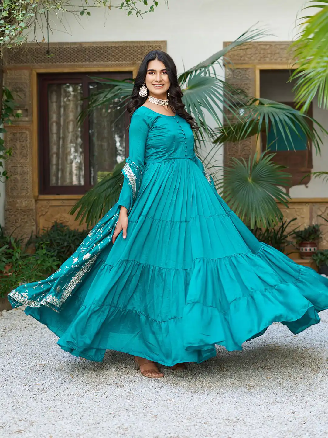 Firozi Vichitra Silk Embroidery Work Gown | Jump Suits, Salwar suit, Casual Suits, Creative suits, Designer Suits, Palazzo Suits, Party Wear Suits, Patiala Suits, Straight Suits