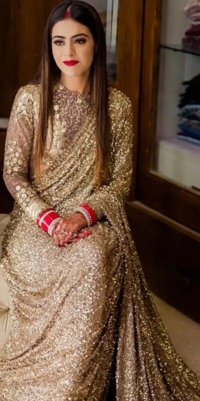 Gold Fancy Thread Sequins Work Saree | Sarees, Bollywood Sarees, Creative Sarees, Designer Sarees, Embroidered Sarees, Party Wear Sarees