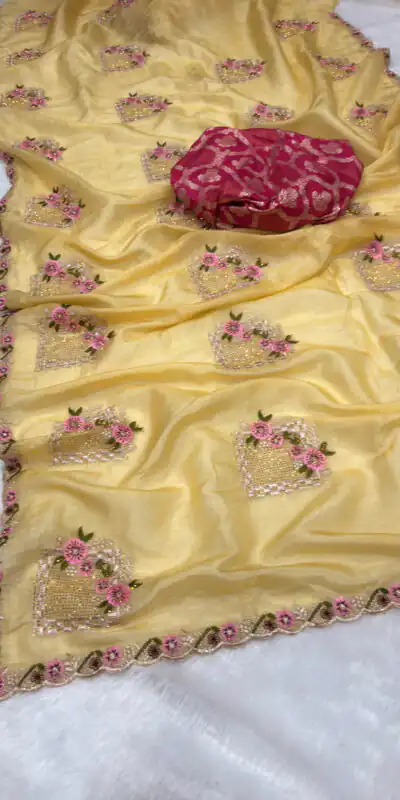 Gold Paper Silk Crush With Embroider Saree | Sarees, Bollywood Sarees, Creative Sarees, Designer Sarees, Embroidered Sarees, Ethnic Saree, Modern Digital sarees, Party Wear Sarees