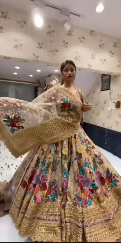Golden Georgette Embroidered Sequins Lehenga Choli | Lehenga, Bollywood Lehenga, Creative Lehenga, Designer Lehenga, Embroidered Lehenga, Party Wear Lehenga