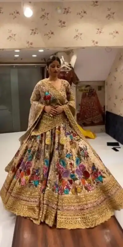 Golden Georgette Embroidered Sequins Lehenga Choli | Lehenga, Bollywood Lehenga, Creative Lehenga, Designer Lehenga, Embroidered Lehenga, Party Wear Lehenga